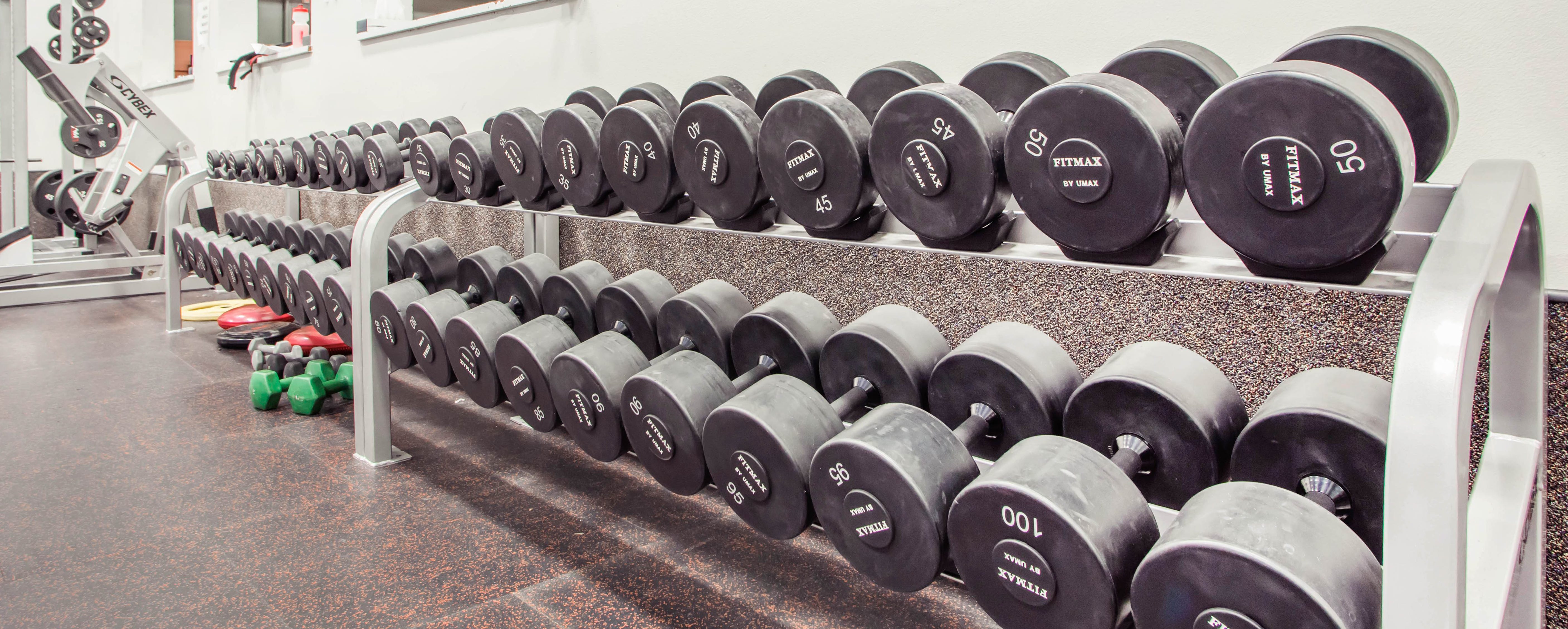 Dumbells at Sachs Recreation Center. Weights range from less than 35 pounds to 100 pounds.