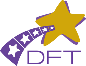 Deerfield Family Theatre Logo. Yellow and Purple Stars.